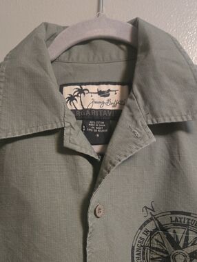JIMMY BUFFETT'S MARGARITAVILLE Shirt Size SMALL Cotton Canvas KHAKI GREEN